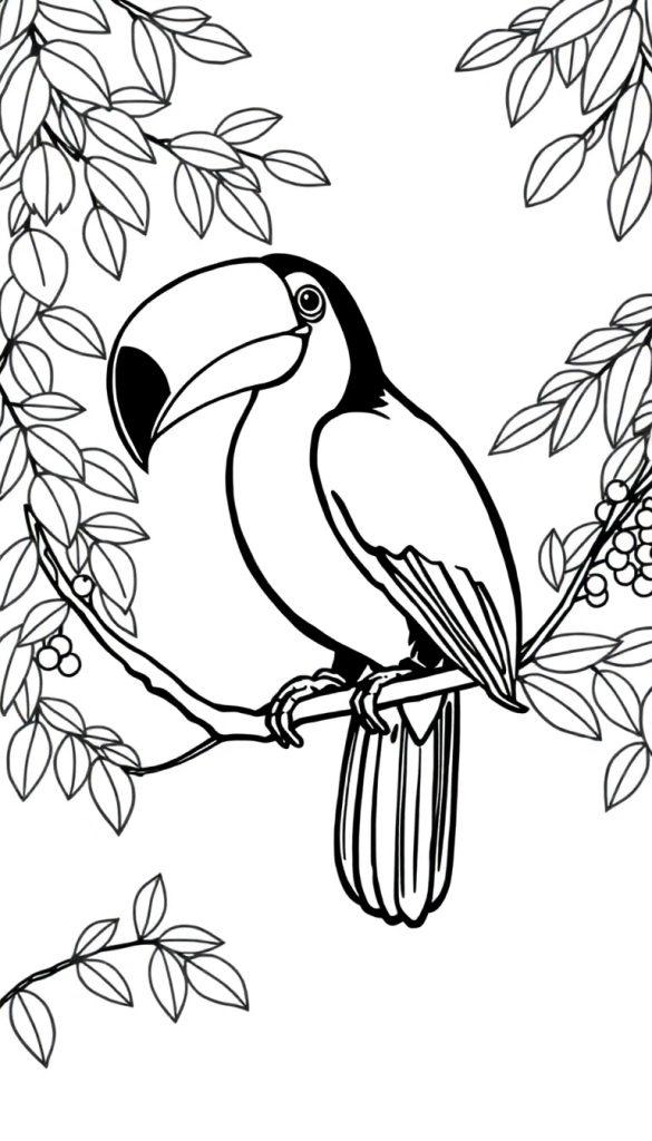Een tekenkleurplaat van een toekan die op een tak zit, met grote snavel en bladeren rondom.