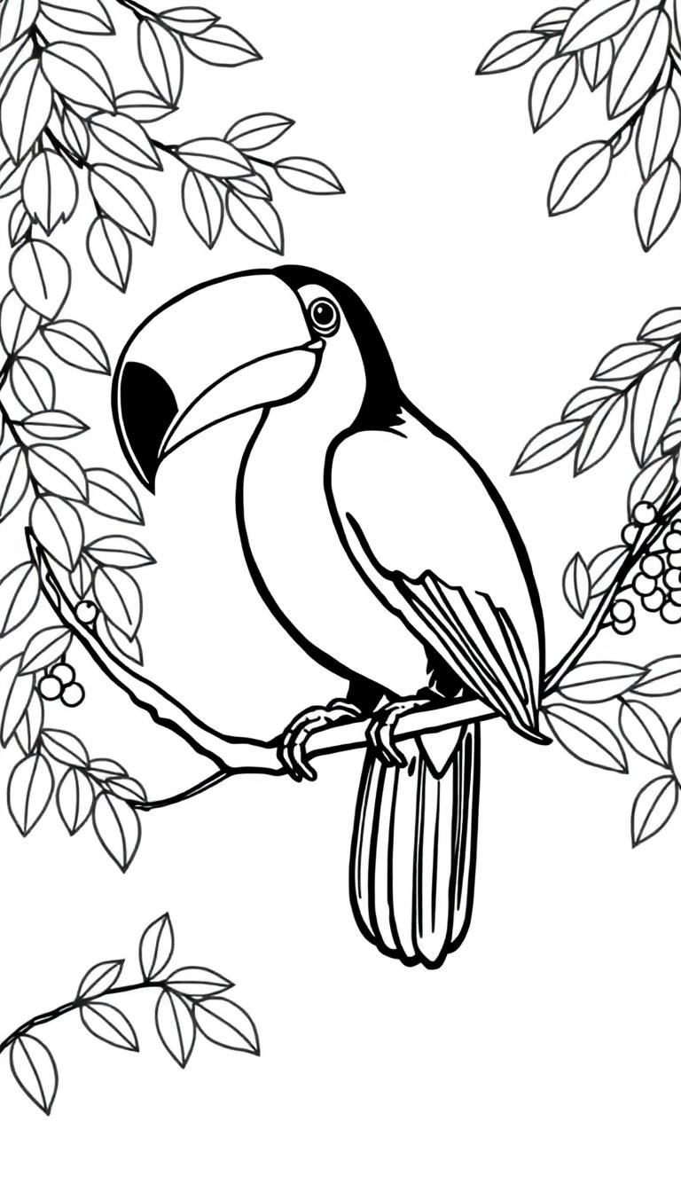 Een tekenkleurplaat van een toekan die op een tak zit, met grote snavel en bladeren rondom.