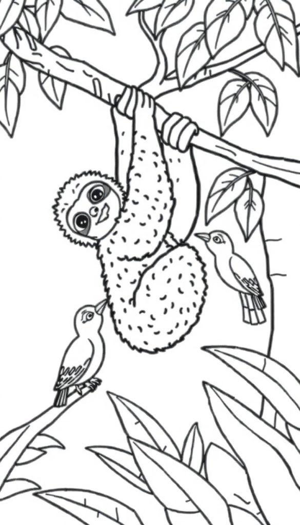 Een kleurplaat van een blije luiaard hangend aan een tak in de jungle, omringd door bladeren en vogels.