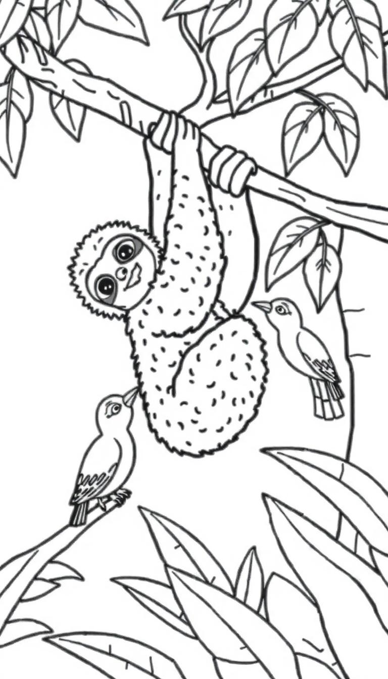 Een kleurplaat van een blije luiaard hangend aan een tak in de jungle, omringd door bladeren en vogels.