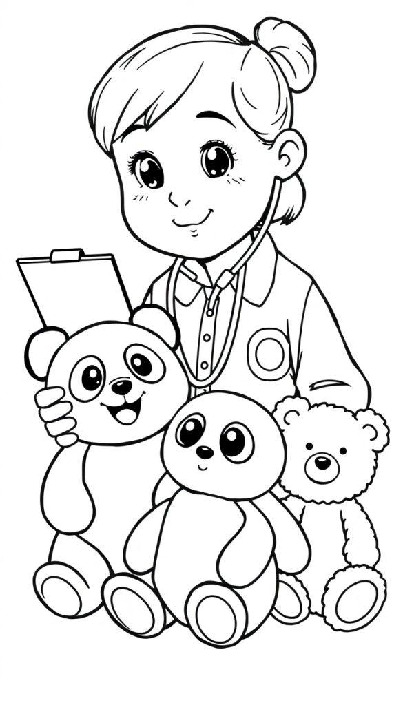 Een kleurplaat van een jong meisje in haar kamer met een stethoscoop, omringd door knuffels, klaar om ingekleurd te worden.