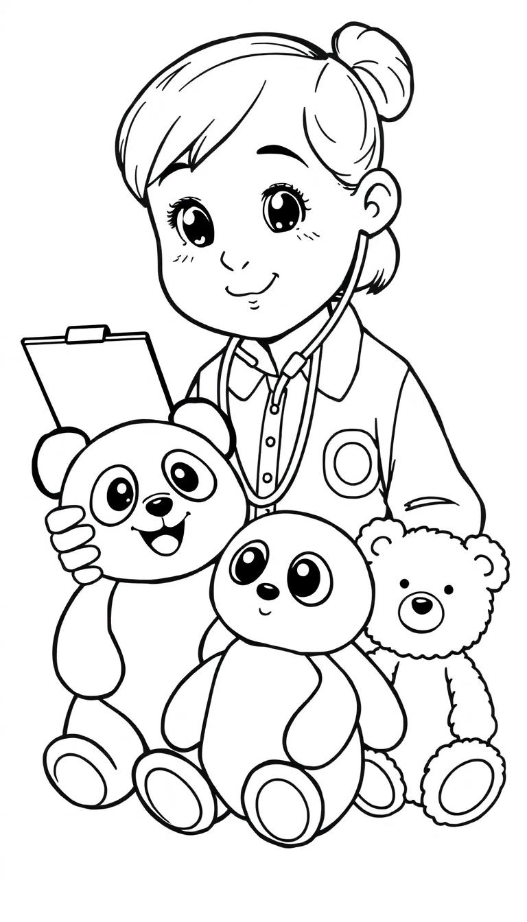 Een kleurplaat van een jong meisje in haar kamer met een stethoscoop, omringd door knuffels, klaar om ingekleurd te worden.