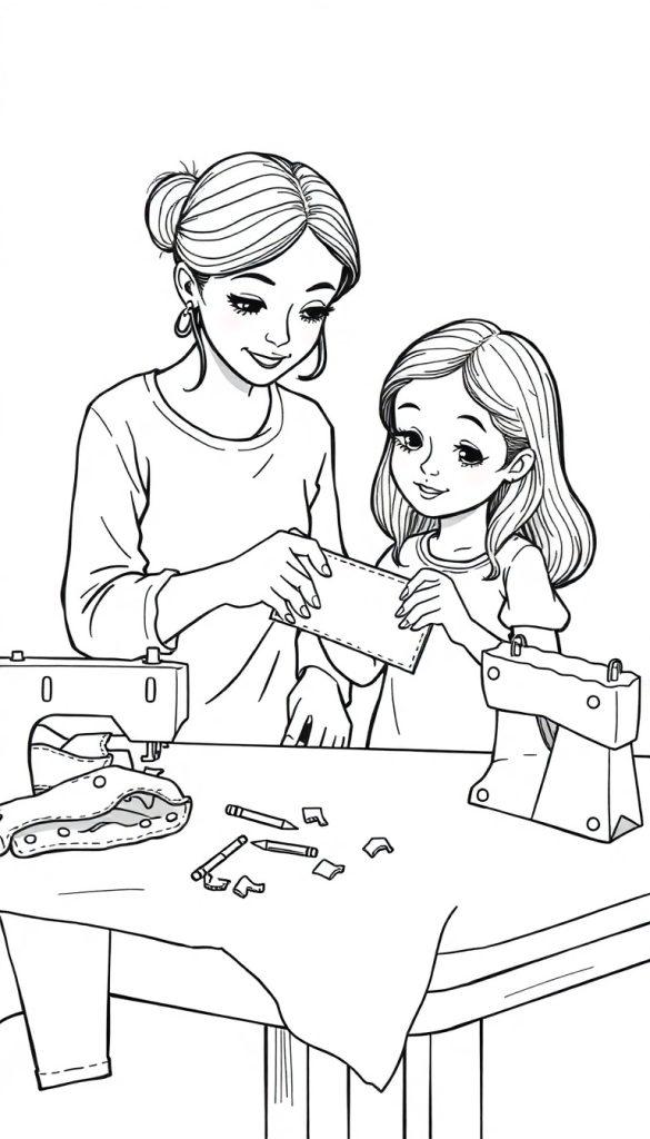 Kleurplaat van een moeder en haar dochter die samen aan een naaiwerkje werken, met een naaimachine en stoffen op tafel.