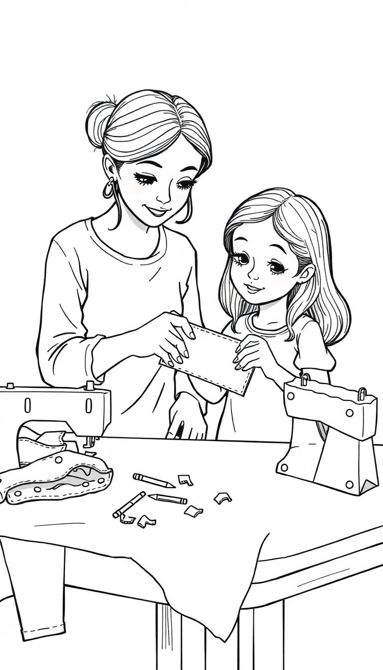 Kleurplaat van een moeder en haar dochter die samen aan een naaiwerkje werken, met een naaimachine en stoffen op tafel.