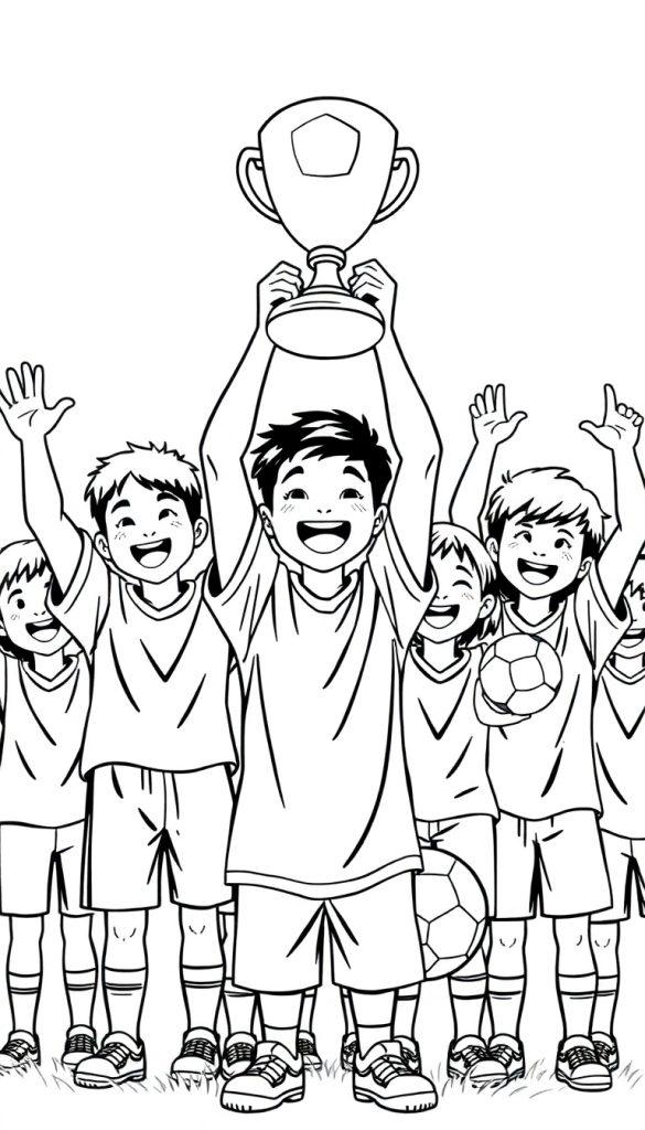 Kleurplaat van een blije groep kinderen die hun voetbaltoernooi winnen, met een kind dat een grote beker omhoog houdt.