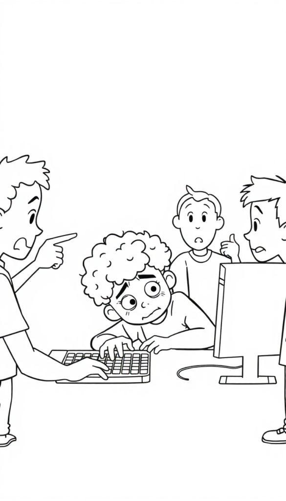Kleurplaat van een klas met vier kinderen, één zit voor een computer met een verdrietig gezicht, terwijl de anderen verbaasd en boos naar hem kijken.