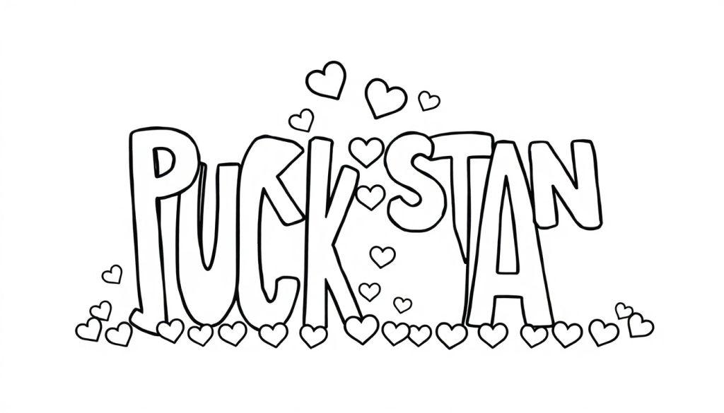 Kleurrijke kleurplaat van de woorden 'PUCK STAN' met kleine hartjes eromheen