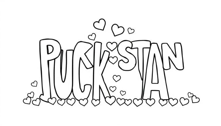 Kleurrijke kleurplaat van de woorden 'PUCK STAN' met kleine hartjes eromheen