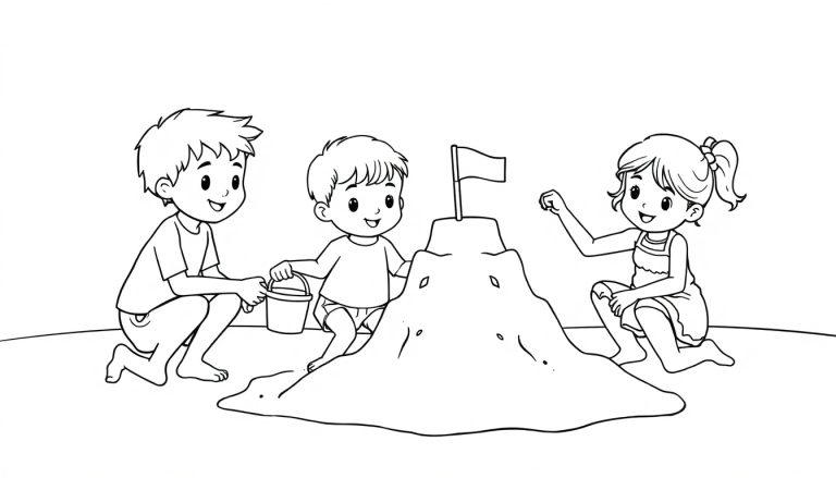 Kleurplaat van drie kinderen die samen op het strand een zandkasteel bouwen, lachend en plezier hebbend.
