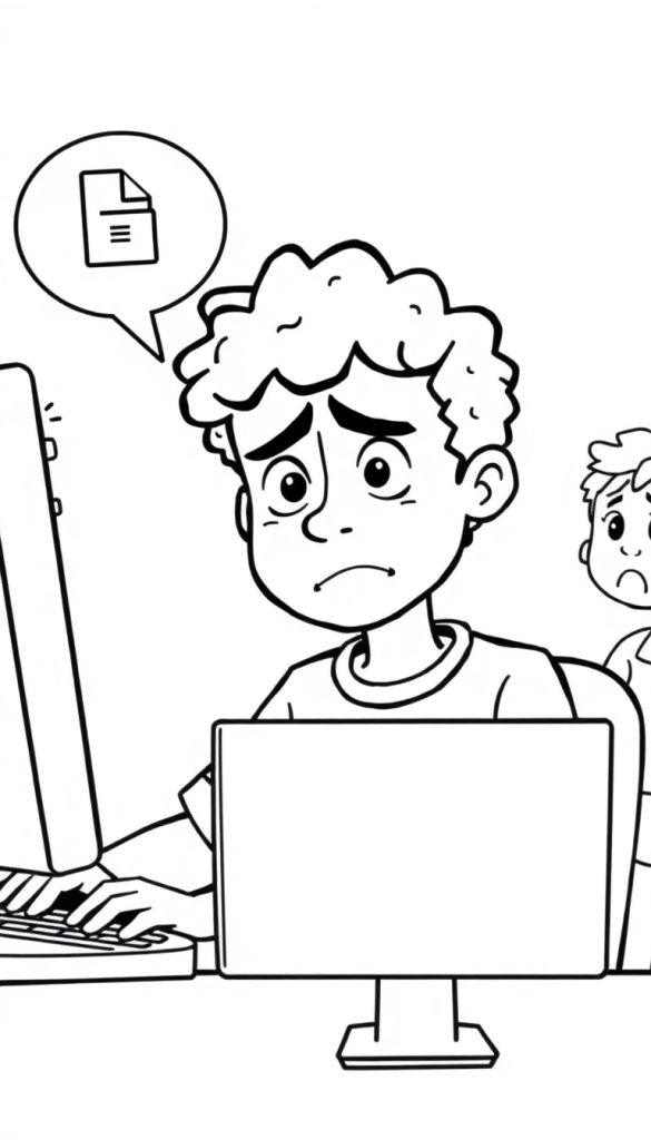 Kleurplaat van een jonge jongen met krullen die achter een computer zit, bezorgd, met een tekstballon met een documentpictogram, en een klasgenoot op de achtergrond.