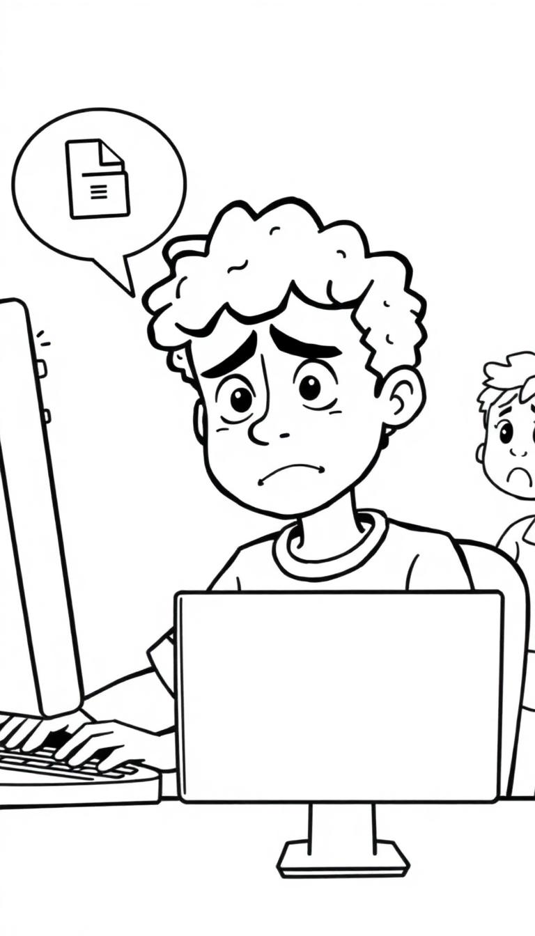 Kleurplaat van een jonge jongen met krullen die achter een computer zit, bezorgd, met een tekstballon met een documentpictogram, en een klasgenoot op de achtergrond.