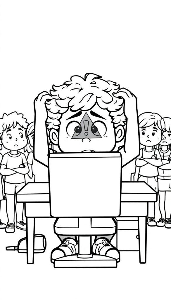 Kleurplaat van een gestreste jongen achter een computer met klasgenoten die hem observeren