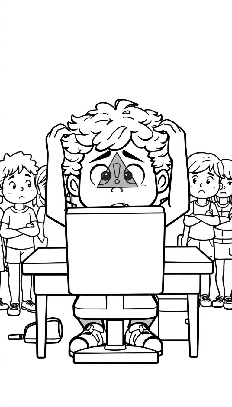 Kleurplaat van een gestreste jongen achter een computer met klasgenoten die hem observeren