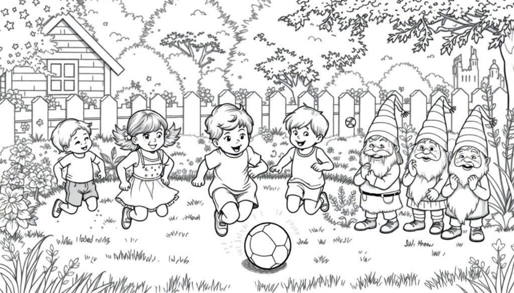 Kleurplaat met vrolijke kinderen die buiten rennen en plezier maken, met lachende tuinkabouters, een houten huisje, bomen, een kasteel in de verte, en bloemen.