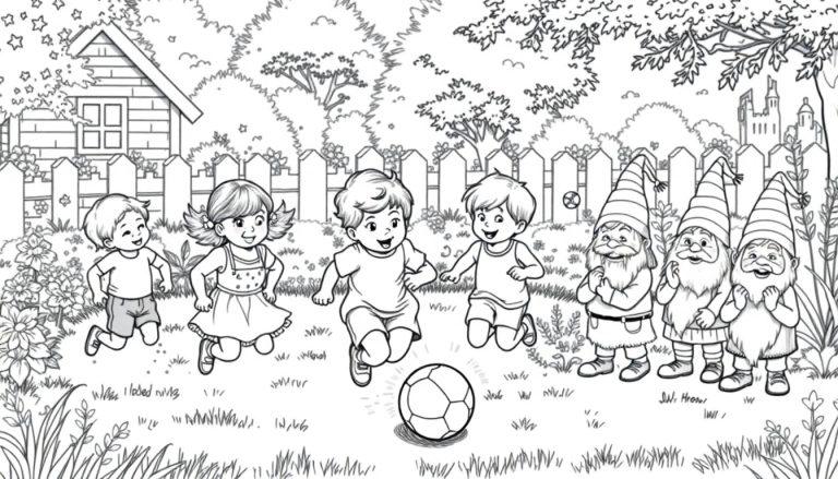 Kleurplaat met vrolijke kinderen die buiten rennen en plezier maken, met lachende tuinkabouters, een houten huisje, bomen, een kasteel in de verte, en bloemen.