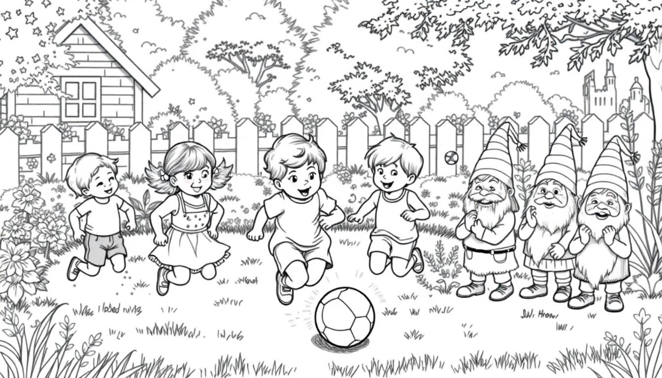 Kleurplaat met vrolijke kinderen die buiten rennen en plezier maken, met lachende tuinkabouters, een houten huisje, bomen, een kasteel in de verte, en bloemen.