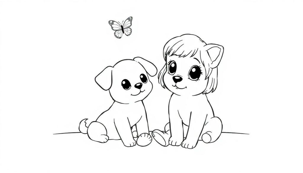 Kleurplaat met twee schattige jonge dieren, een puppy met grote ogen en een ander dier met menselijke kenmerken en kapsel, en een vlinder die vliegt erboven.