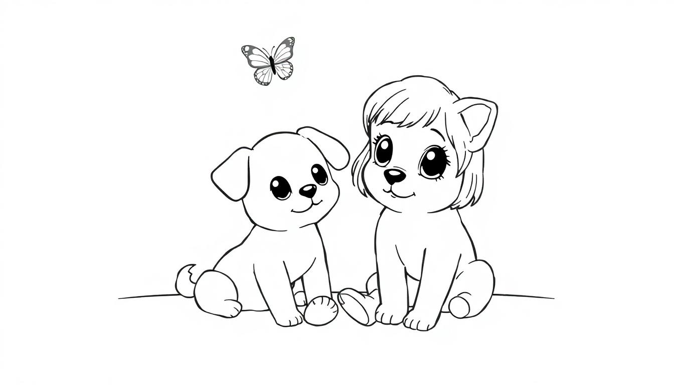 Kleurplaat met twee schattige jonge dieren, een puppy met grote ogen en een ander dier met menselijke kenmerken en kapsel, en een vlinder die vliegt erboven.