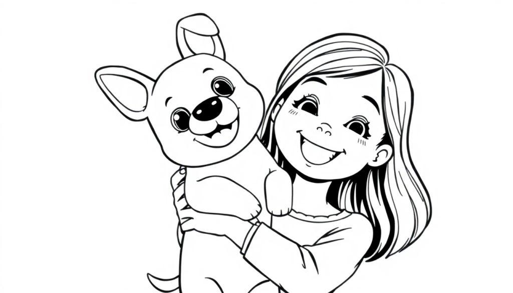 Kleurplaat van een blij meisje dat een speelse puppy vasthoudt