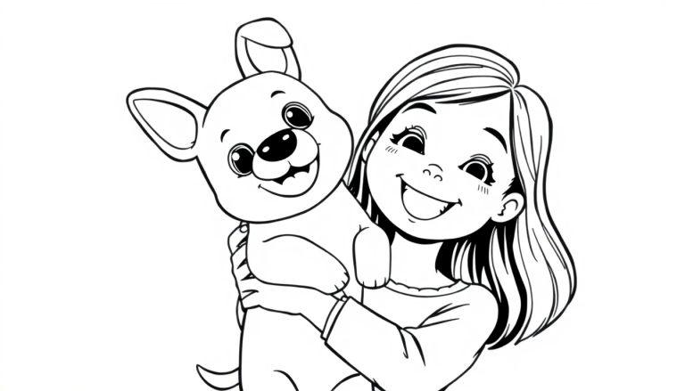 Kleurplaat van een blij meisje dat een speelse puppy vasthoudt