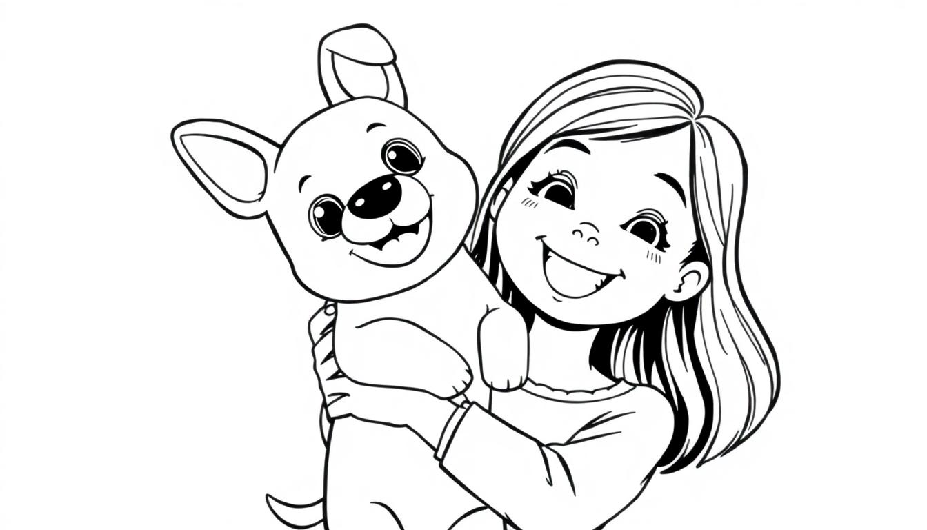 Kleurplaat van een blij meisje dat een speelse puppy vasthoudt
