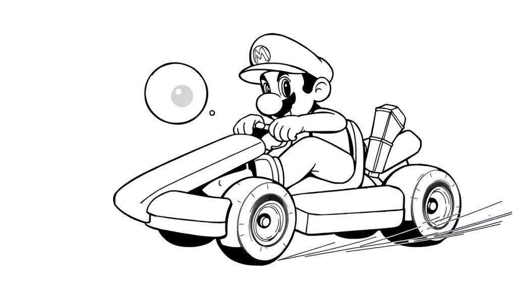 Kleurplaat van een kart racende cartoonpersonage met pet en grote neus, met een spraakballon op de achtergrond.