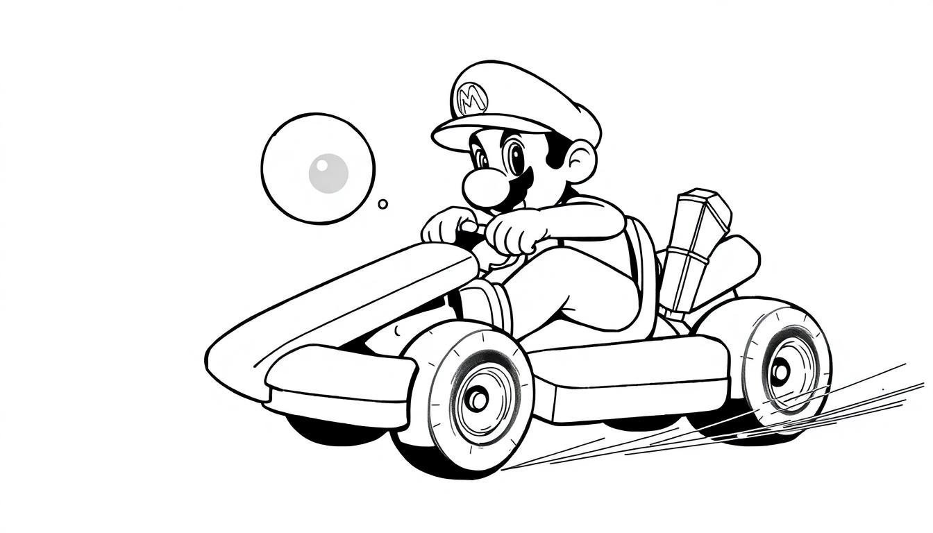 Kleurplaat van een kart racende cartoonpersonage met pet en grote neus, met een spraakballon op de achtergrond.