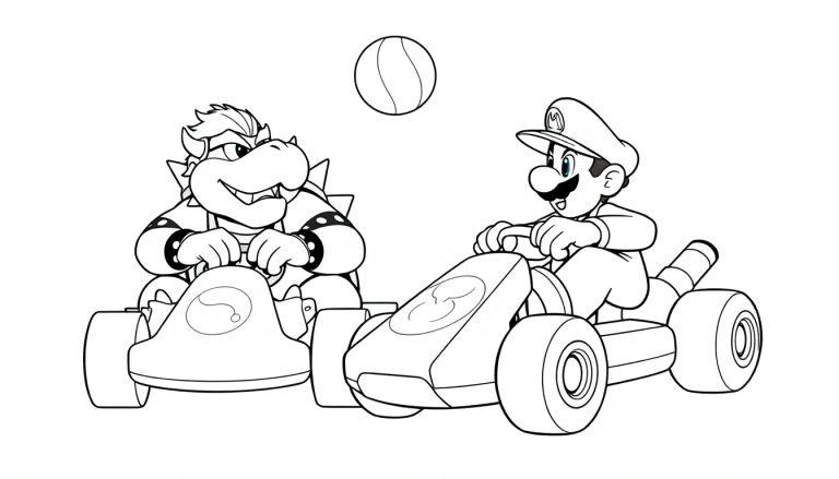 Kleurplaat van twee cartoonauto's in een race, één met een stoer gezicht en een andere met een vrolijke uitstraling, met een bal boven hen.