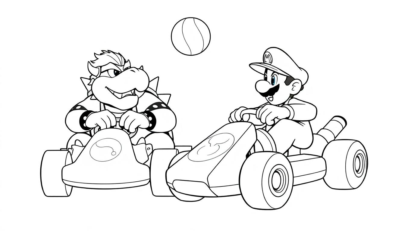 Kleurplaat van twee cartoonauto's in een race, één met een stoer gezicht en een andere met een vrolijke uitstraling, met een bal boven hen.