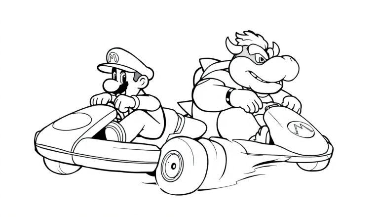 Kleurplaat van twee racende cartoonfiguren, een man met pet en snor en een grote boze wezen met hoorns, in kleine raceauto's.