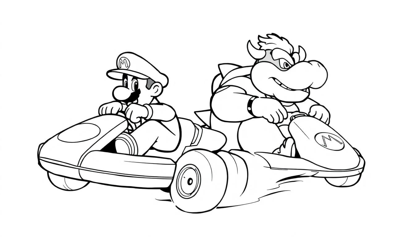 Kleurplaat van twee racende cartoonfiguren, een man met pet en snor en een grote boze wezen met hoorns, in kleine raceauto's.