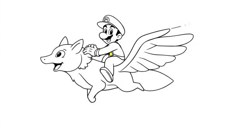 Kleurplaat van een vrolijke persoon met een pet die op een vliegend hond-achtig wezen rijdt.