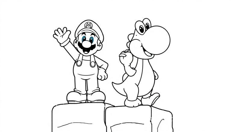 Kleurplaat met een cartoon-achtige tekening van een jongen met een pet en tuinbroek naast een dinosaurus, allebei op blokken. Perfect om in te kleuren!