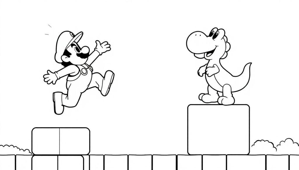 Kleurplaat van een vrolijk mannetje met pet en snor die springt naast een dinosaurus op een blok, op een platform met een klassiek platformspel-scène.