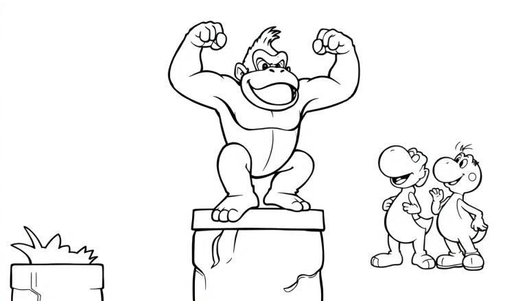 Kleurplaat van een grote gorilla die spieren laat zien, met twee dinosaurussen die vrolijk kijken en een klein grassveldje onderaan.