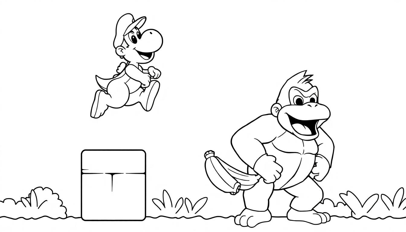 Kleurplaat van een sprong makende dinosaurus, een lachende gorilla met bananen, gras en struiken.