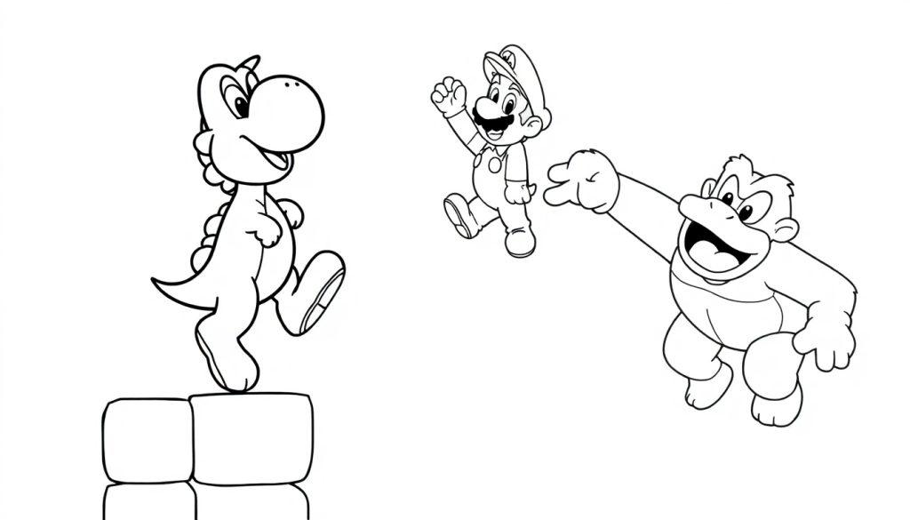 Kleurplaat met een dinosaurus, een springend personage met pet en snor, en een grote aap, allemaal vrolijk en speels.