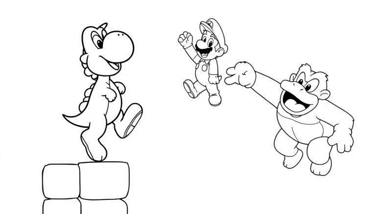 Kleurplaat met een dinosaurus, een springend personage met pet en snor, en een grote aap, allemaal vrolijk en speels.