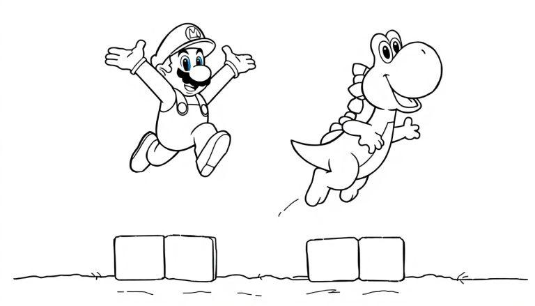 Een kleurplaat met een blije persoon met pet en snor die springt, naast een vriendelijke dinosaurus die ook springt, boven drie rechthoekige platformen. Het is een eenvoudige zwart-wit lijntekening voor kinderen.