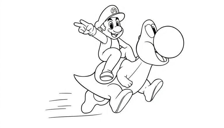 Kleurplaat van een vrolijk cartoonfiguurtje dat op een dinosaurus rijdt, allebei blij en in actie.