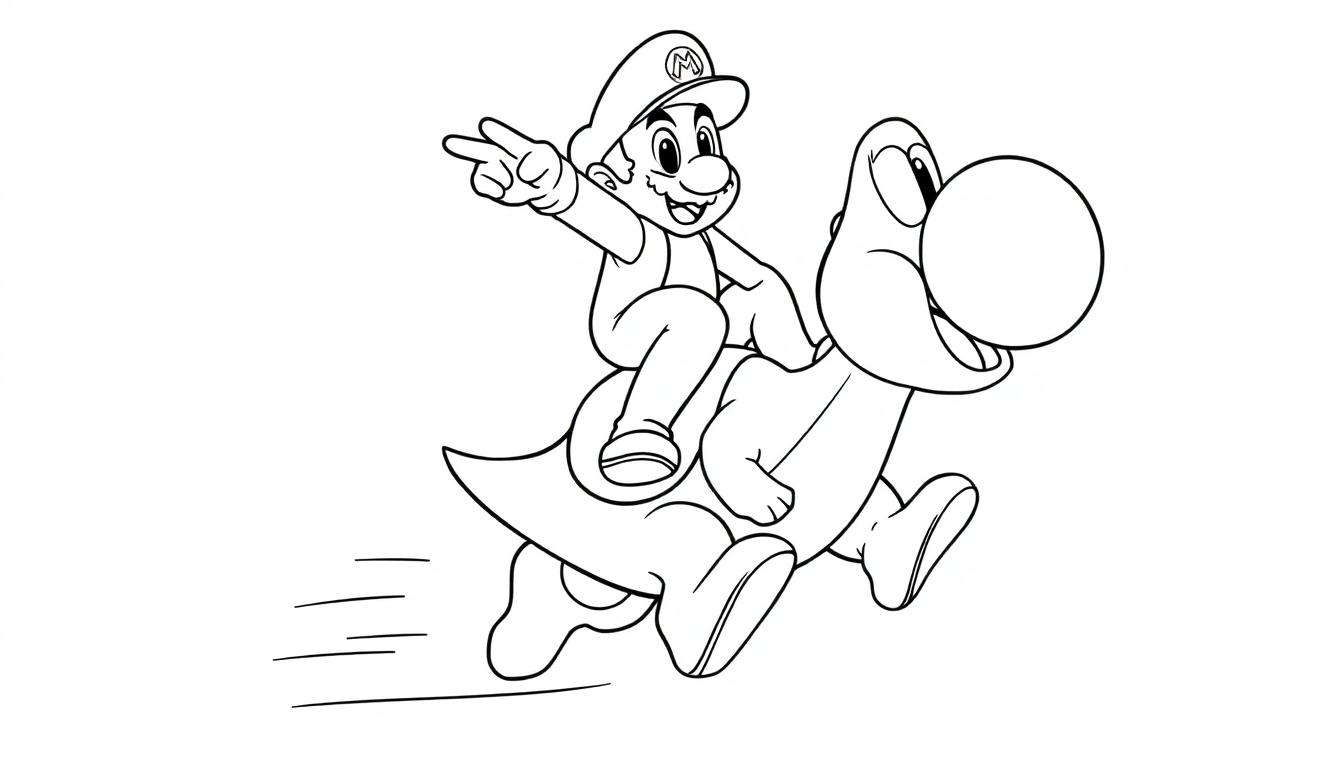 Kleurplaat van een vrolijk cartoonfiguurtje dat op een dinosaurus rijdt, allebei blij en in actie.