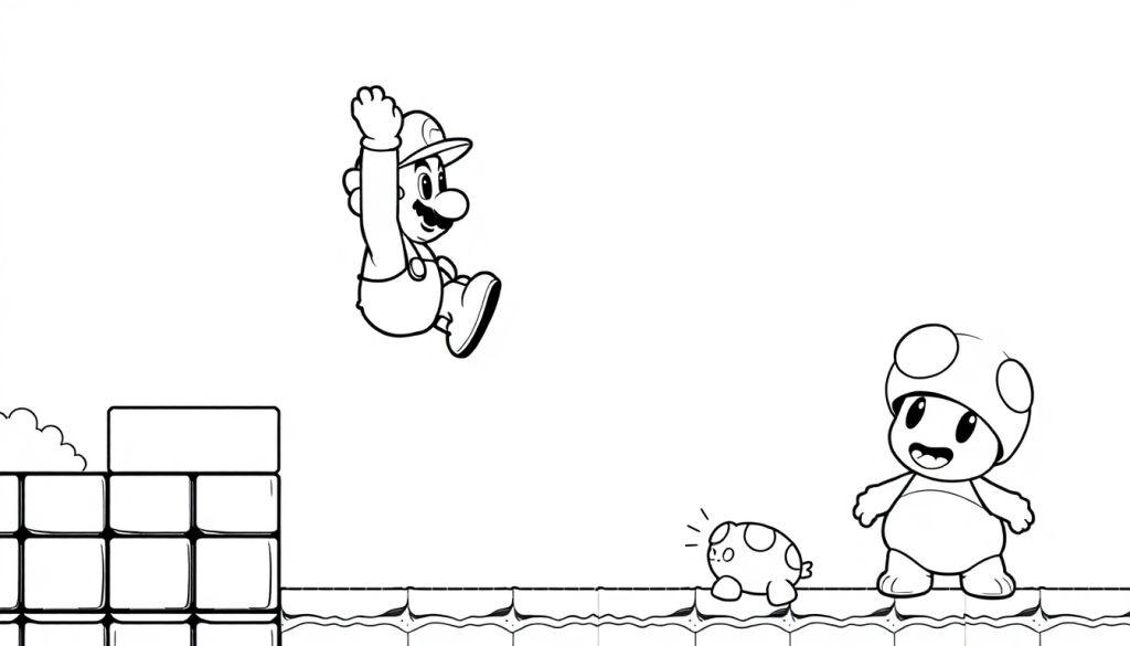 Kleurplaat van een vrolijke loodgieter die tegen een blok springt, met een paddestoelhoofd-personage en een schildpadfiguur.