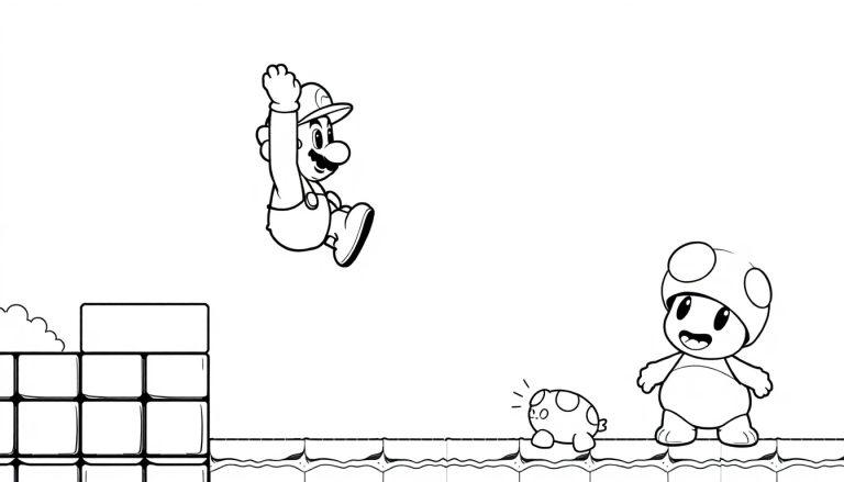 Kleurplaat van een vrolijke loodgieter die tegen een blok springt, met een paddestoelhoofd-personage en een schildpadfiguur.