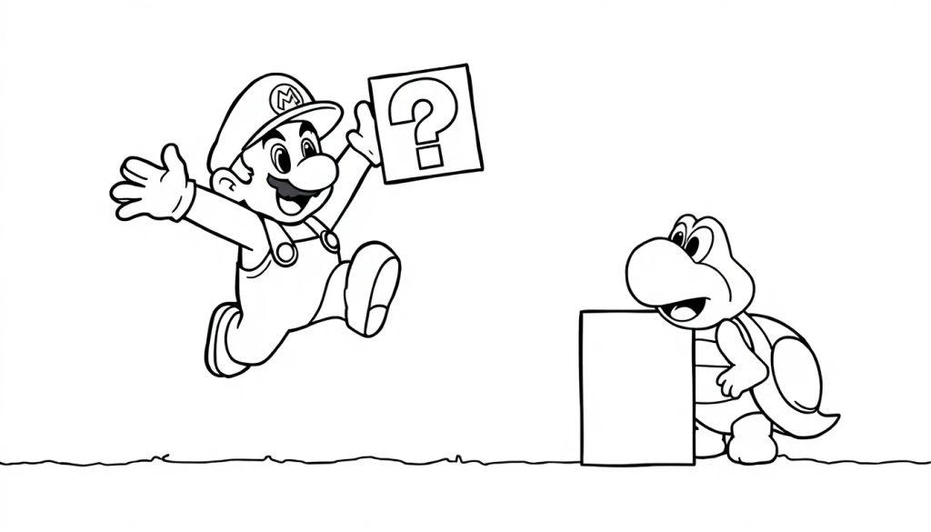 Kleurplaat van Mario die springt en een vraagtekenblok vasthoudt, met een vrolijke schildpad op de achtergrond.