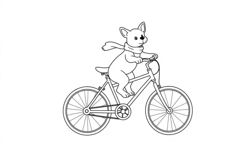 Kleurplaat van een hondje op een fiets met een wapperende sjaal.