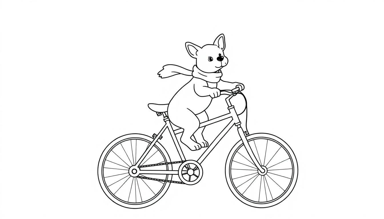 Kleurplaat van een hondje op een fiets met een wapperende sjaal.