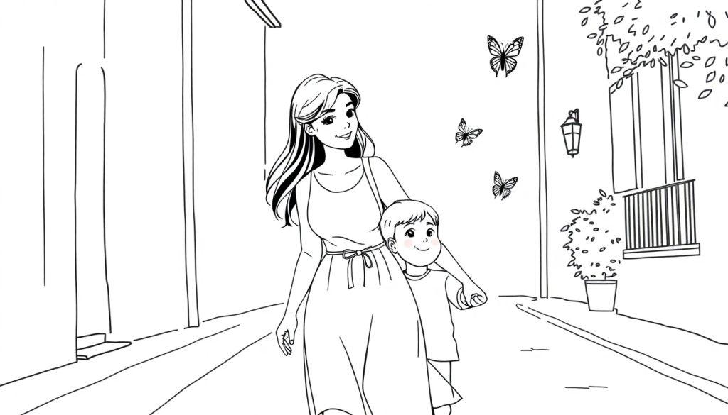 Kleurplaat van een Turkse vrouw met lang donker haar en een klein blond jongetje die samen over straat lopen, met vlinders en een lantaarn op de achtergrond.