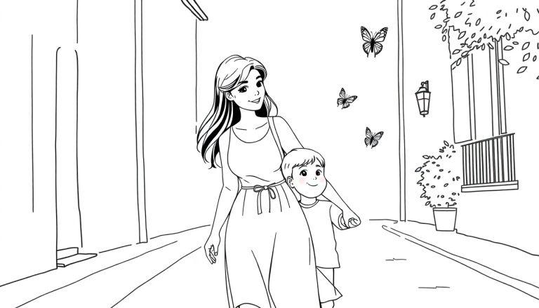 Kleurplaat van een Turkse vrouw met lang donker haar en een klein blond jongetje die samen over straat lopen, met vlinders en een lantaarn op de achtergrond.