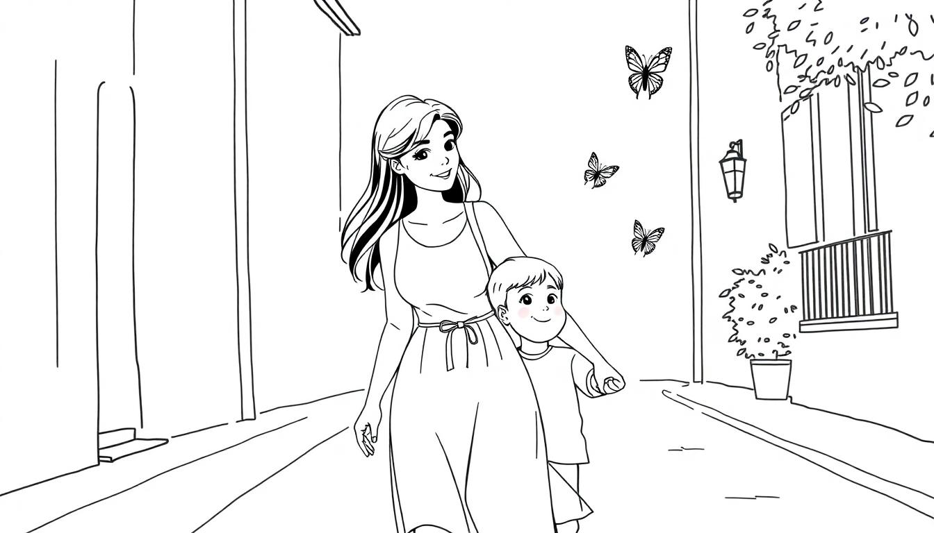 Kleurplaat van een Turkse vrouw met lang donker haar en een klein blond jongetje die samen over straat lopen, met vlinders en een lantaarn op de achtergrond.