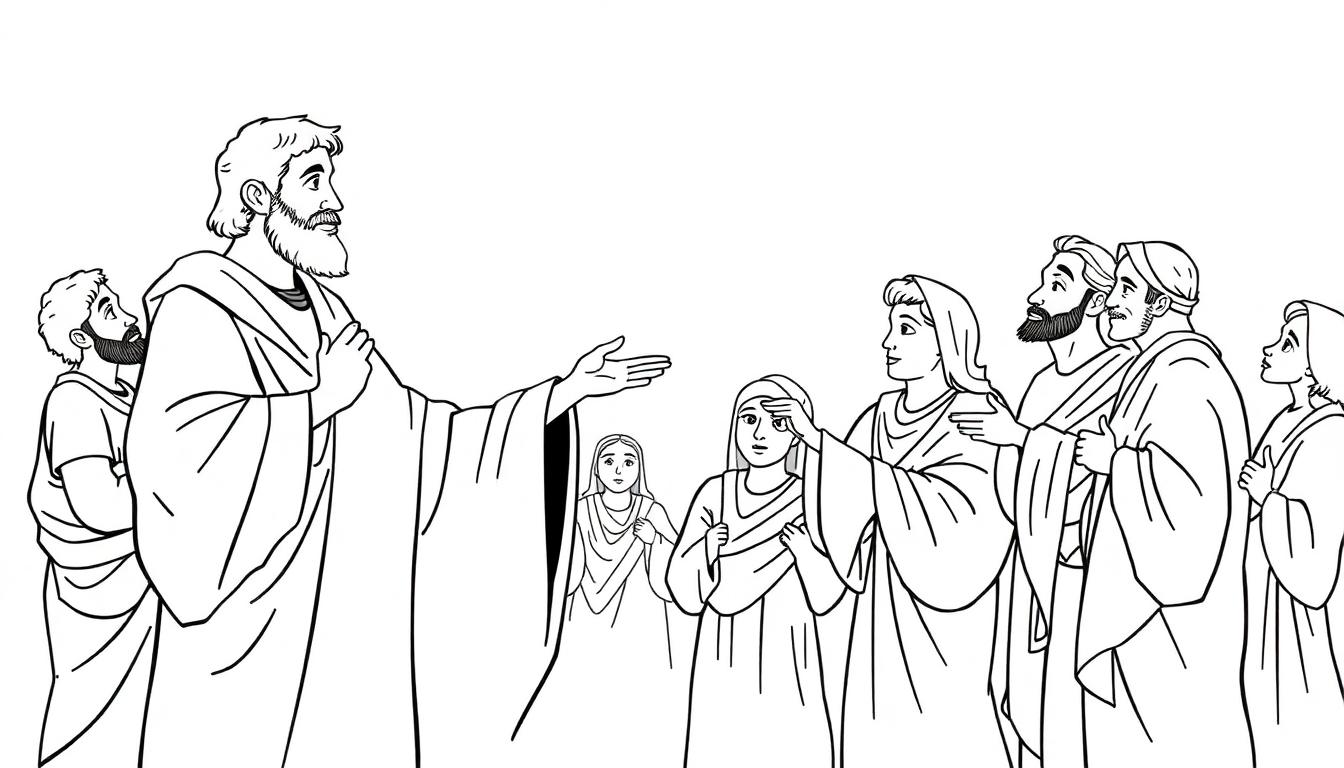 Kleurplaat van Paulus' zendingsreis, waarin hij Timotheus ontmoet. Mensen luisteren naar Paulus terwijl hij iets uitlegt, met een kaartje rechtsonder van zijn reis.